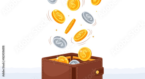 dollar coins falling from above and caught in open wallet cartoon vector