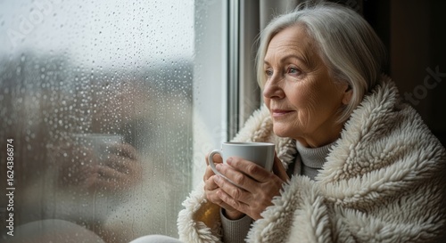 Elderly Woman Reflects by Window on Rainy Day