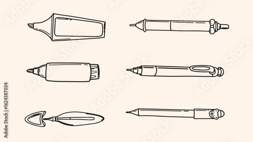 vector set of writing tools highlighter pen and pencils