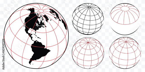 Globe Illustration Set Featuring Continents and Grids Depicting Geographic Coordinate Systems for Cartography and Earth Science Studies
