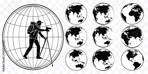 Global Exploration and Adventure Vector Graphic with Traveler and Earth Representations Depicting Worldwide Journeys and Cartography