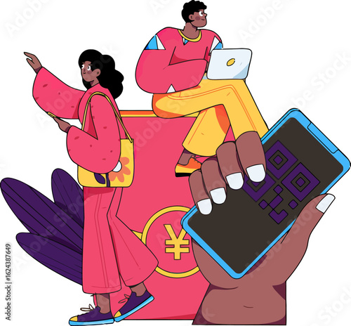 Vibrant illustration showcasing modern digital payment methods with diverse characters, ideal for fintech marketing, e-commerce promotions, and global business solutions, symbolizing innovation and se