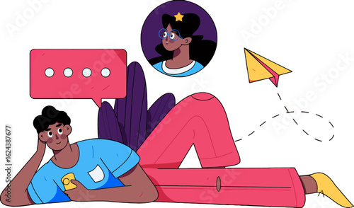 Engaging online chat with friends using social media, a fun and modern way to connect and communicate, share ideas and stay in touch with a cool paper airplane graphic representing travel and sending 