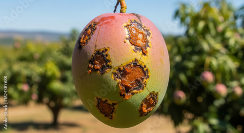 Diseased mango fruit with anthracnose fungus hanging in an agricultural orchard