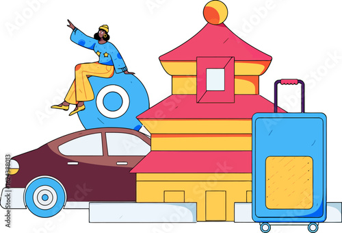 Stylish traveler riding on luggage near a car and a colorful building, embrace wanderlust and plan your next adventure with this vibrant travel concept illustration, ideal for vacation planning