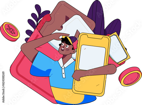 Animated man exploring mobile payments and managing finances with a digital wallet and credit cards offering modern solutions for personal banking, digital transactions, and financial growth