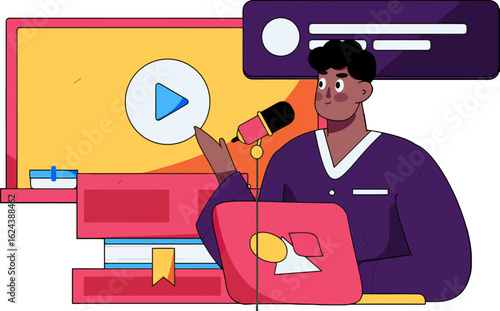 Engaging podcaster hosting live stream with laptop and microphone, connecting with audience through online video platform, showcasing modern digital communication and content creation, ideal for media