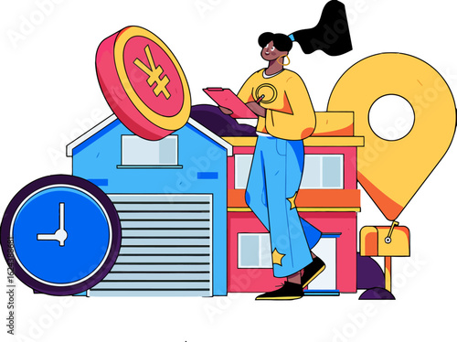 Young woman managing real estate investments with focus on location, valuation, and timing for maximizing profit margins in local housing market, offering financial planning services