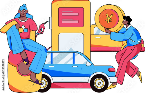 Modern cartoon illustration of refueling and paying for gasoline with Japanese yen, perfect for transportation, finance, or economy related themes, great for blogs and websites
