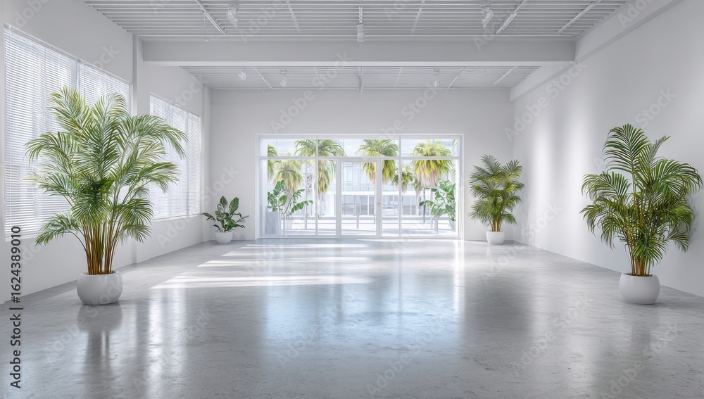 Fototapeta premium Bright and Airy Interior Space with Palm Trees, Large , and Reflective Flooring.