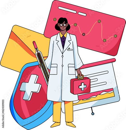 Dedicated healthcare professional ready to provide care, offering medical expertise with a first aid kit, health records, and a reassuring presence for telemedicine and wellness initiatives