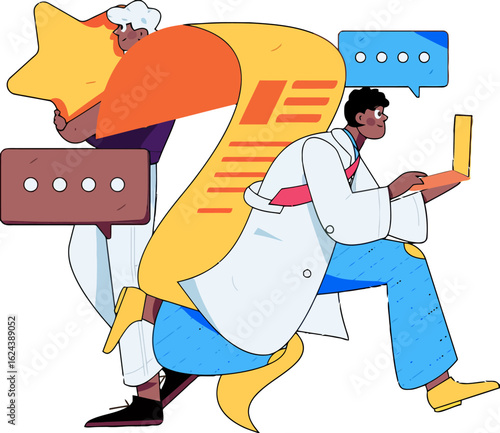 Creative team collaboration generating ideas together in a modern workflow, diverse professionals brainstorming with laptop, chat bubbles, and a star, symbolizing teamwork and innovation, cartoon styl