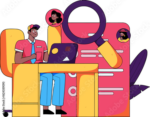 Talented recruiter reviewing candidates online to find the perfect match for the company, use this illustration to show a modern approach to hiring and human resources in a modern workspace