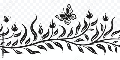 Elegant floral pattern with butterflies and stylized flowers in black and white vector illustration seamless border design artful composition nature inspired