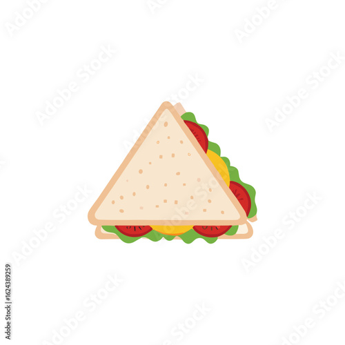 Fresh Sandwich Delight A perfect triangle sandwich with vibrant layers of fresh tomato, lettuce, and cheese, a simple, yet delectable culinary creation.