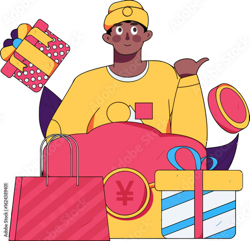 Cheerful shopper enjoying online shopping spree, surrounded by gifts and bags, pointing towards amazing deals and offers, radiating happiness and excitement for retail therapy