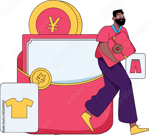 Shop confidently and spend wisely with this modern illustration perfect for financial literacy campaigns, smart shopping apps, and consumer education materials focusing on personal finance