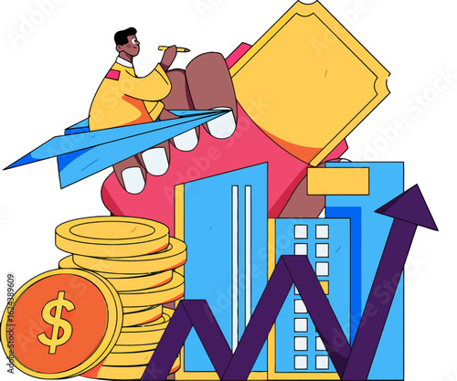 Visionary leadership guiding investment growth, soaring to new heights in finance, navigating markets with a paper airplane, embracing opportunity, aiming for ambitious financial goals, wealth creatio