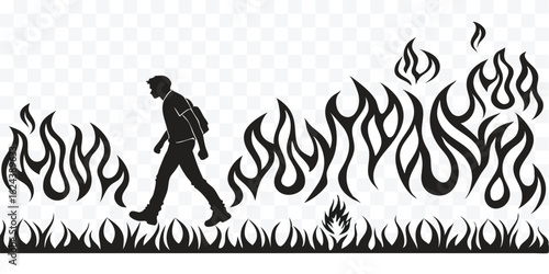 Silhouette of a Man Walking Through Flames Resilience and Perseverance in Crisis Overcoming Adversity and Challenges Illustration