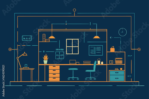 office blueprint drawing with labeled rooms  .eps