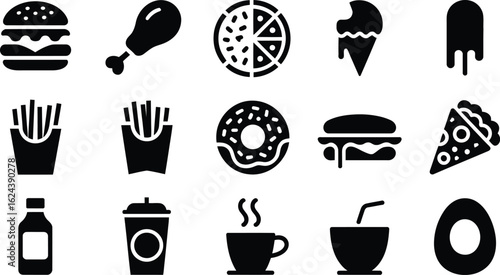 Collection of popular fast food and drink icons in a clean silhouette style