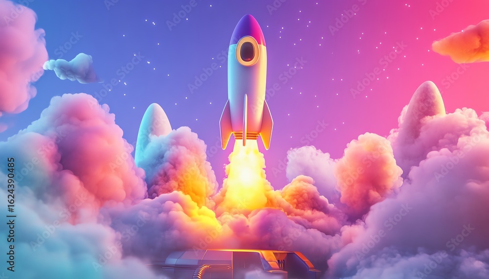 Fototapeta premium Colorful rocket launching into the sky above clouds.