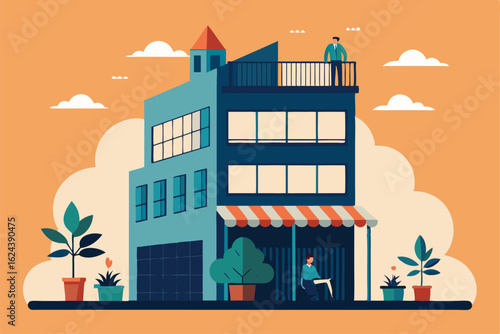 office building with coworking signs and rooftop g.eps