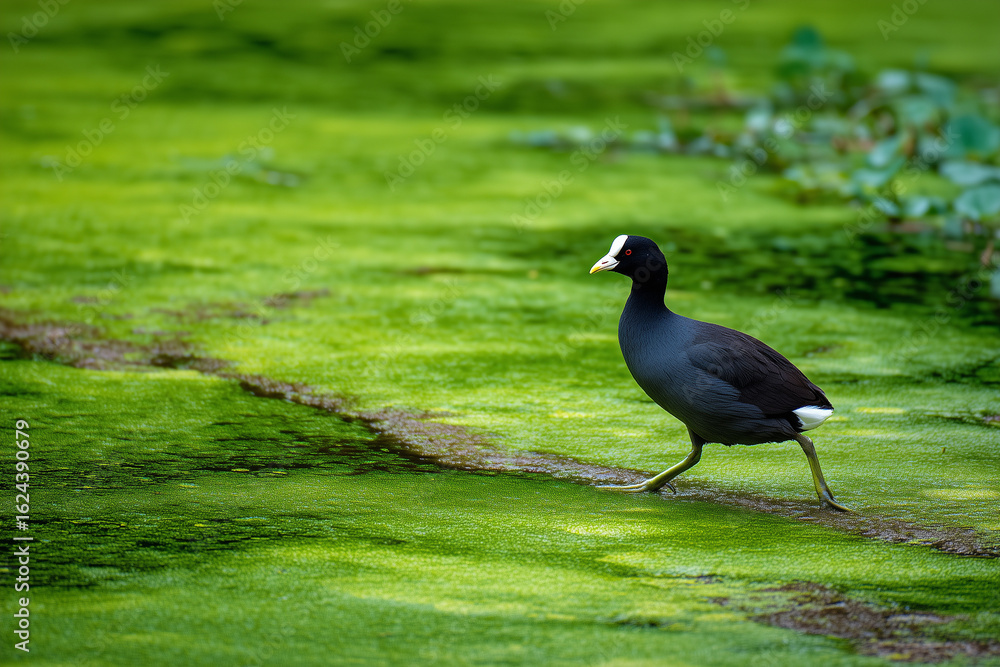 Fototapeta premium Coot walking across algae-covered pond