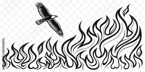 Eagle Soaring Above Abstract Flames Vector Illustration in Black and White Graphic Design Element