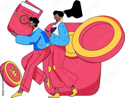 Stylish diverse young entrepreneurs managing finances and investments with modern flair, ready for success, a vibrant illustration showcasing financial growth and teamwork, new ventures