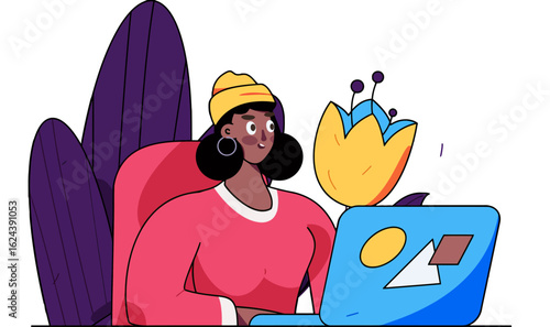 Creative woman working on laptop with floral decoration, fostering imagination and productivity, perfect for modern design, illustration, cheerful workspace vibes, and innovative projects
