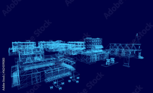 A low poly wireframe blueprint of a building on a dark blue background, showcasing detailed architectural structure with geometric precision. The design highlights clean lines and modern aesthetics.