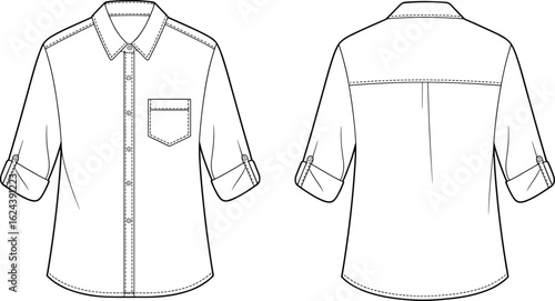 cad drawing flat vector illustration, button up fashion shirt template, technical sketch design, roll sleeve, front pocket, back yoke