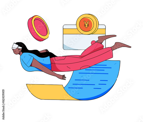 Experience virtual reality shopping and banking in the metaverse with this sleek, modern illustration featuring cryptocurrency and a stylish avatar using a VR headset, creating a vibrant digital exper