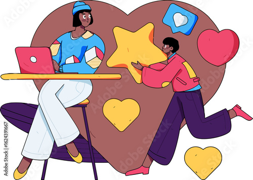 Creative team collaborating on social media strategy, generating likes and stars, online marketing campaign, teamwork for digital success, reaching goals, connecting with audience, digital growth