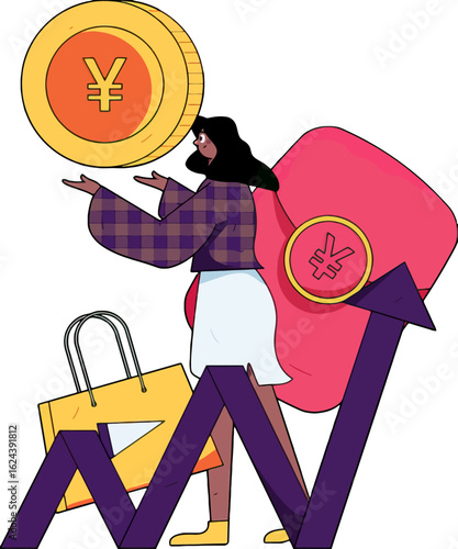 Cartoon woman balances yen coin amid financial growth, symbolizing investment success and prosperity in the vibrant digital economy with shopping bag for commerce and retail