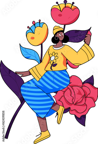 Vibrant illustration featuring a stylish woman amidst whimsical flowers, perfect for adding a touch of joy and creativity to your projects, ideal for designs needing a fresh, modern feel