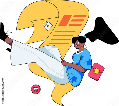 Stylish woman managing secure online transactions with effortless ease and modern charm, illustrating safe shopping and financial freedom, perfect for promoting digital security