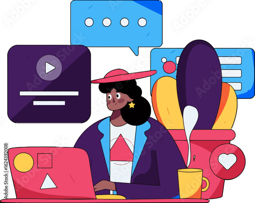 Stylized influencer creating content online with laptop and social media icons, engaging with audience, networking and building community, digital marketing and vibrant illustration