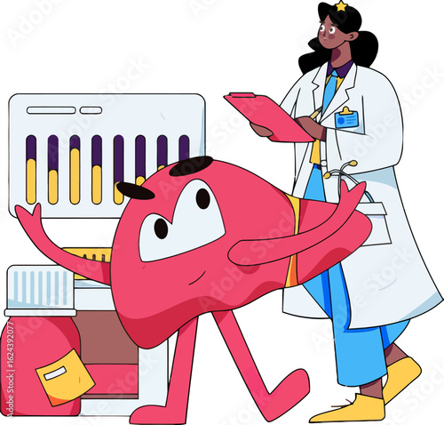 Empowering liver health with a friendly mascot character and a compassionate doctor, promoting wellness and medical breakthroughs through cartoon illustrations and medical guidance