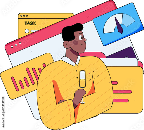 Celebrate business success with data driven insights and a toast to achievement, envisioning growth with positive outlook, a modern symbol of thriving in the digital age