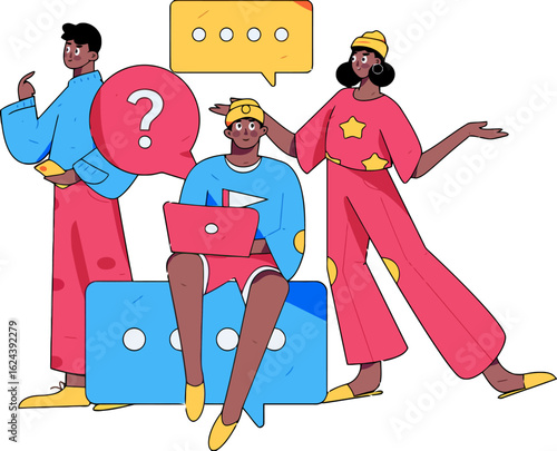 Innovative team brainstorming solutions and answering questions, fostering collaborative communication and problem-solving in a vibrant, modern environment for enhanced business growth