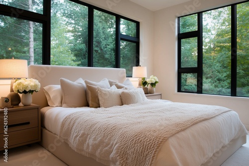 Modern bedroom interior featuring a plush bed with decorative pillows  stylish nightstands  and large windows allowing natural light to illuminate the serene atmosphere