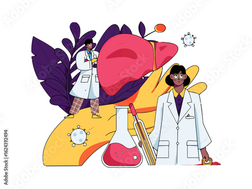 Explore liver health and medical research with confident doctors in a modern setting, perfect for healthcare campaigns and educational materials focused on wellbeing and scientific advancements