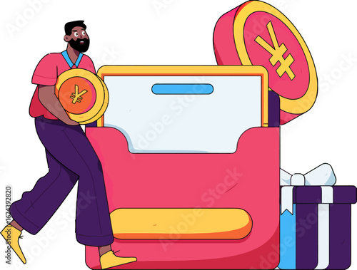 Confident investor making smart financial decisions, placing Yuan coins into a growing portfolio, symbolizing wealth management and successful investments, perfect for finance and investment themes