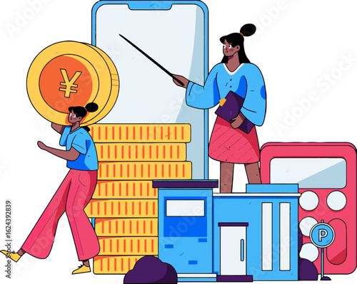 Two women managing finances and investments with a mobile app, coins, and building blocks, symbolizing financial growth and success in a modern economy with banking solutions