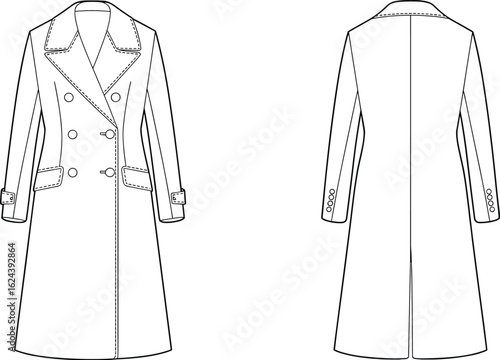 cad drawing flat vector illustration, double breasted trench coat sketch, tailored winter coat template, fashion technical flat design
