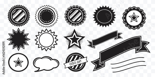 Collection of Black and White Vintage Style Design Elements Emblems Banners Stars and Speech Bubble