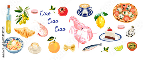 Set of Italian Mediterranean elements featuring hand-drawn illustrations of olive oil, olives, shrimp, espresso, lemon, pizza, croissant, pasta, and sardines. Perfect for summer branding, cards