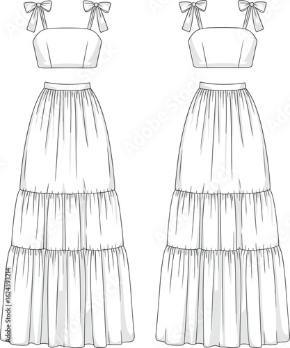 cad drawing flat vector illustration, front back view tiered maxi dress, bow tie straps, gathered skirt, boho fashion design